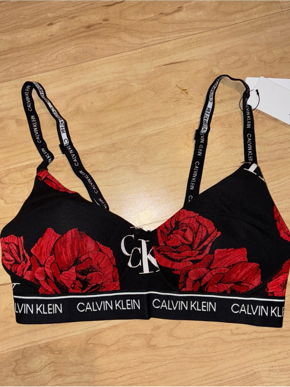 Calvin Klein Black Bralette with Red Rose Print